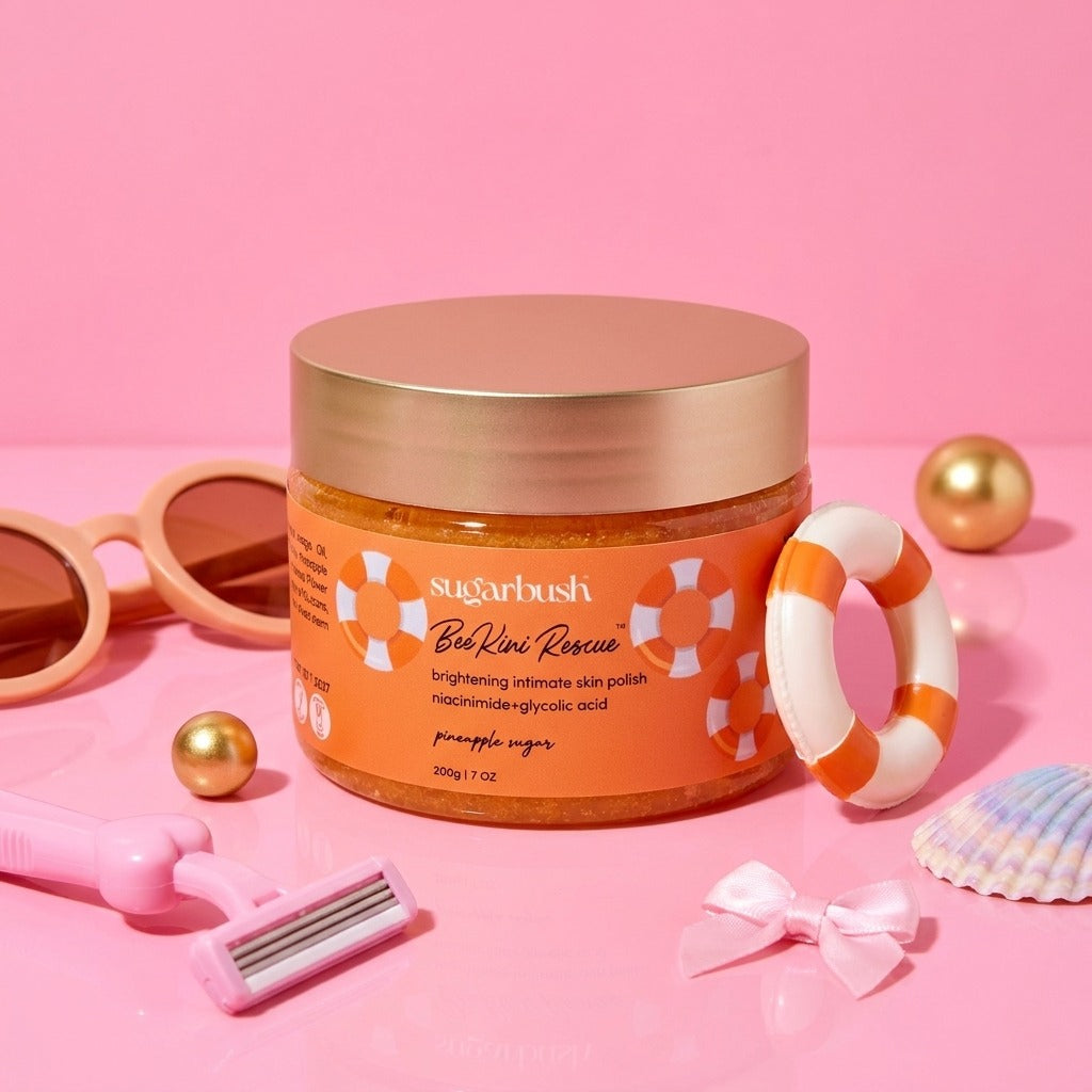 Beekini Rescue brightening intimate skin polish for Ingrown Hair with Niacinamide — product still, Sugarbush signature pink