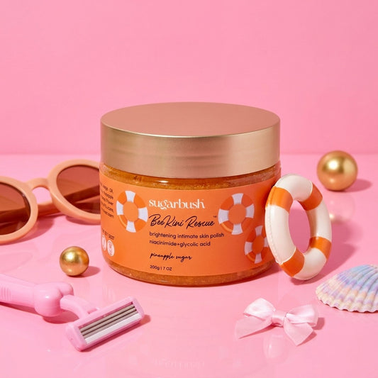 Beekini Rescue brightening intimate skin polish for Ingrown Hair with Niacinamide — product still, Sugarbush signature pink