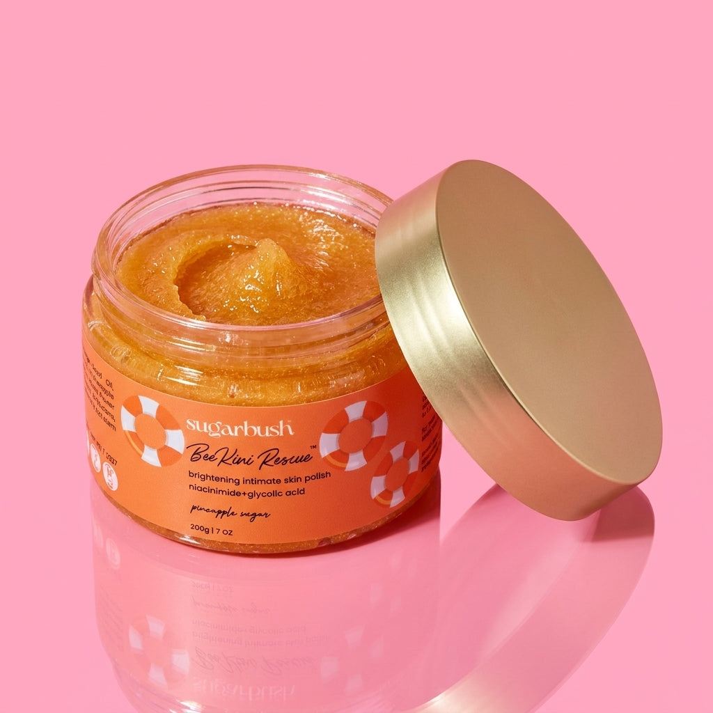 Beekini Rescue brightening intimate skin polish for Ingrown Hair with Niacinamide — open, Sugarbush signature pink