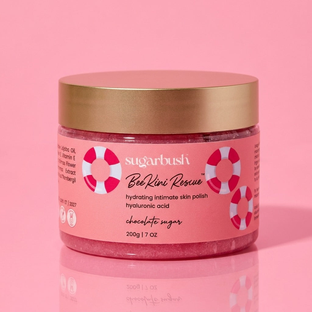BeeKini Rescue hydrating intimate skin polish for Ingrown Hair w. hyaluronic acid — product still, Sugarbush signature pink