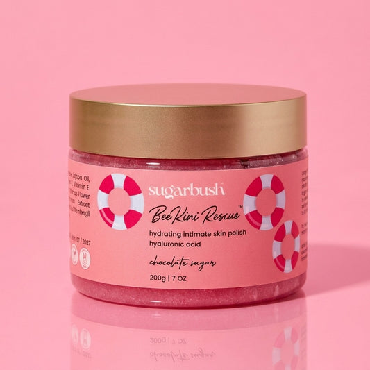 BeeKini Rescue hydrating intimate skin polish for Ingrown Hair w. hyaluronic acid — product still, Sugarbush signature pink