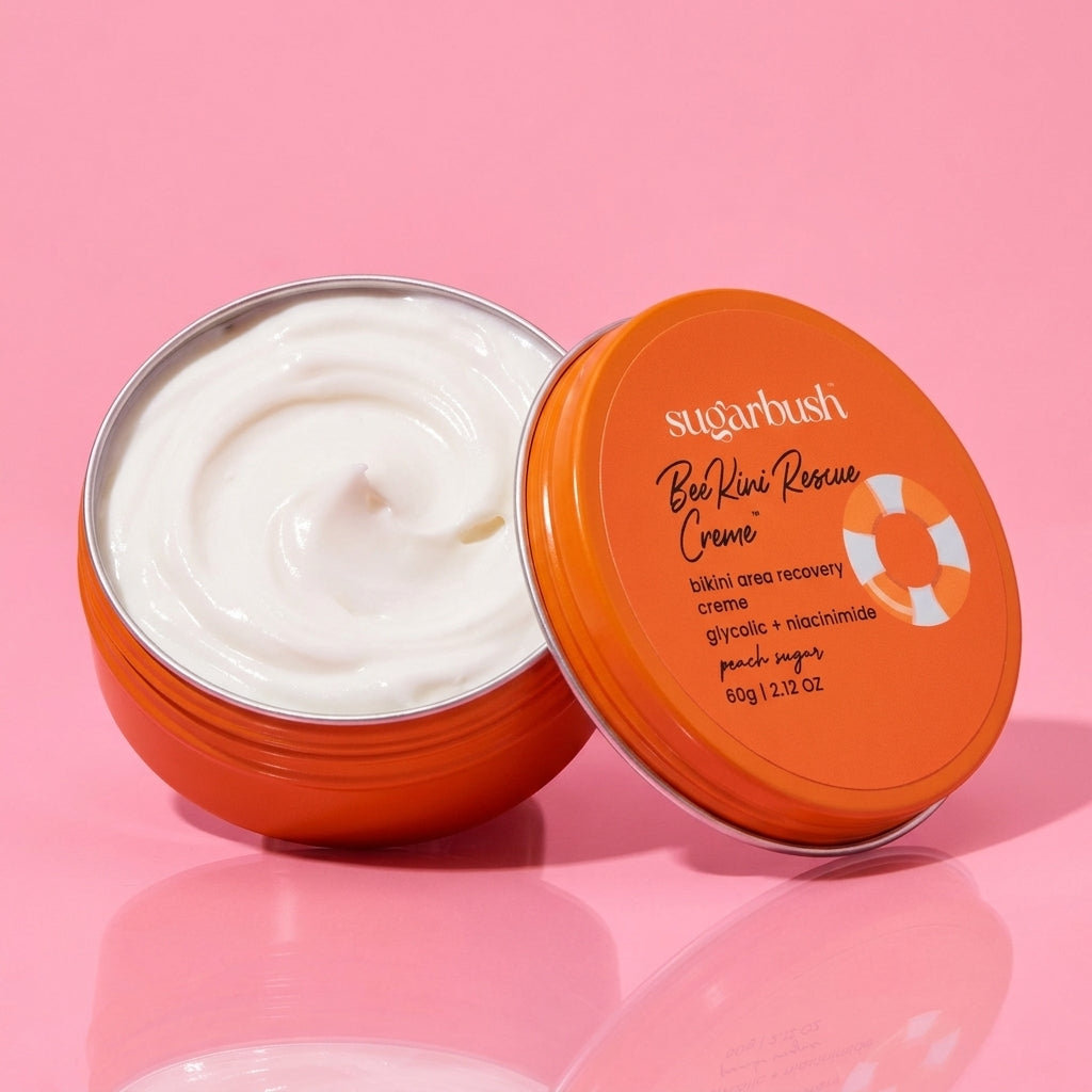 BeeKini Rescue ingrown hair recovery crème with niacinamide — open, Sugarbush signature pink