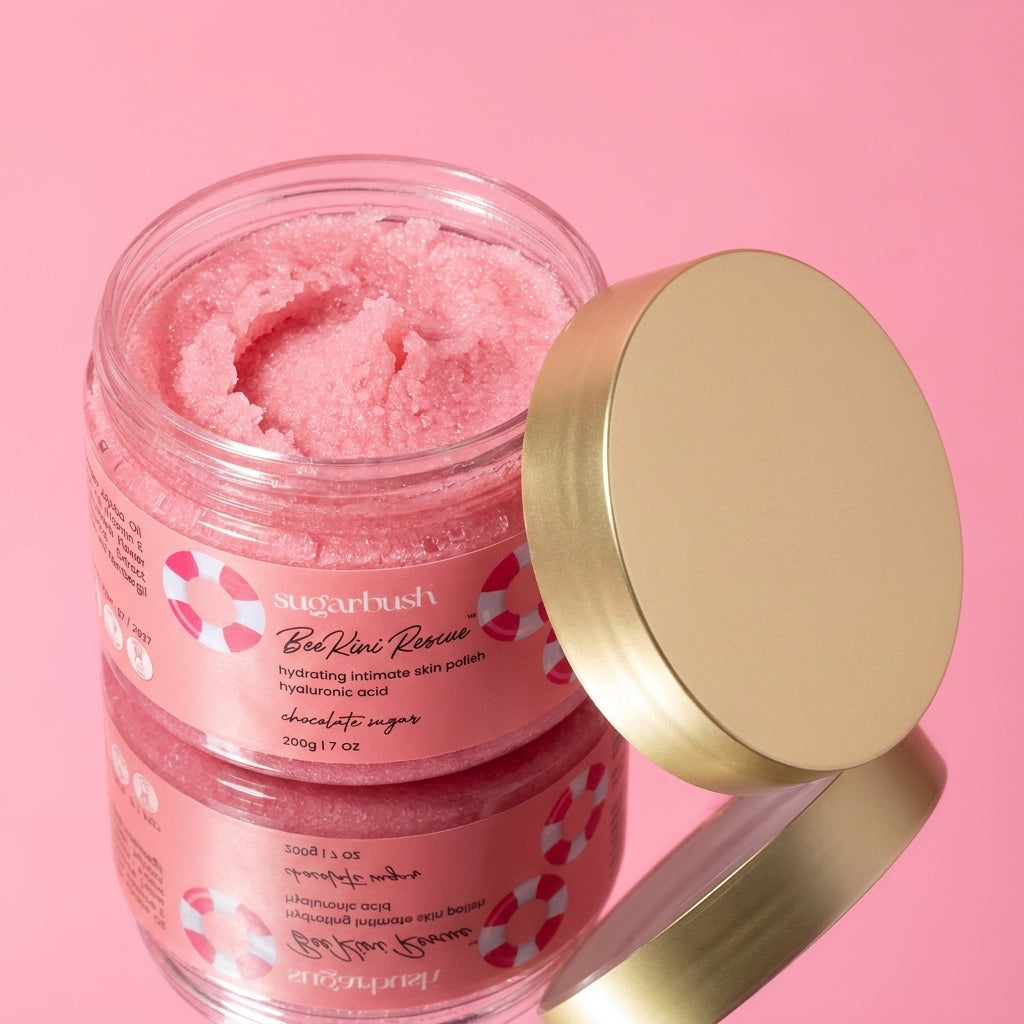 BeeKini Rescue hydrating intimate skin polish for Ingrown Hair w. hyaluronic acid — open, Sugarbush signature pink