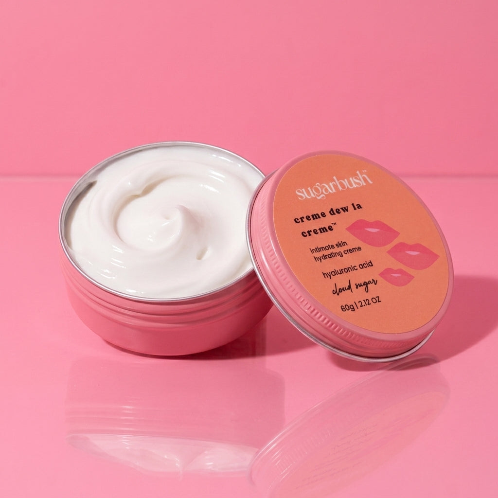 Crème Dew La Crème intimate skin hydrating crème w. hyaluronic acid — open, Sugarbush signature pink