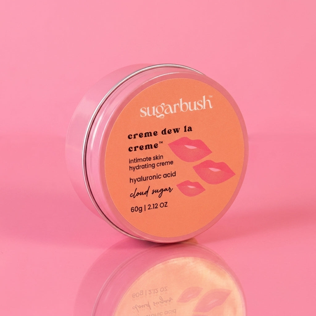 Crème Dew La Crème intimate skin hydrating crème w. hyaluronic acid — product still, Sugarbush signature pink