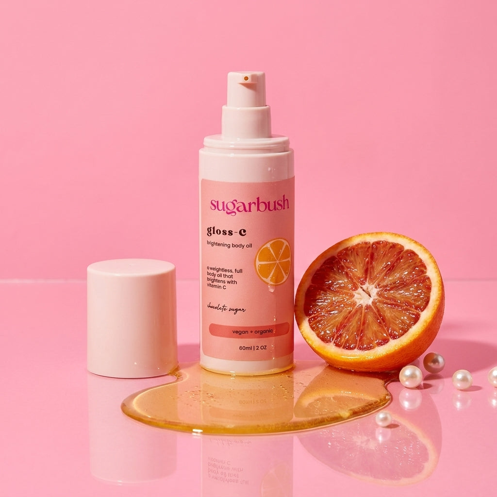 Gloss-C brightening body oil — open, Sugarbush signature pink