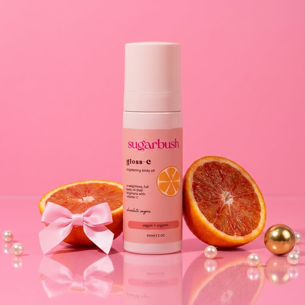 Gloss-C brightening body oil — product still, Sugarbush signature pink