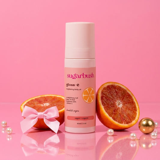 Gloss-C brightening body oil — product still, Sugarbush signature pink