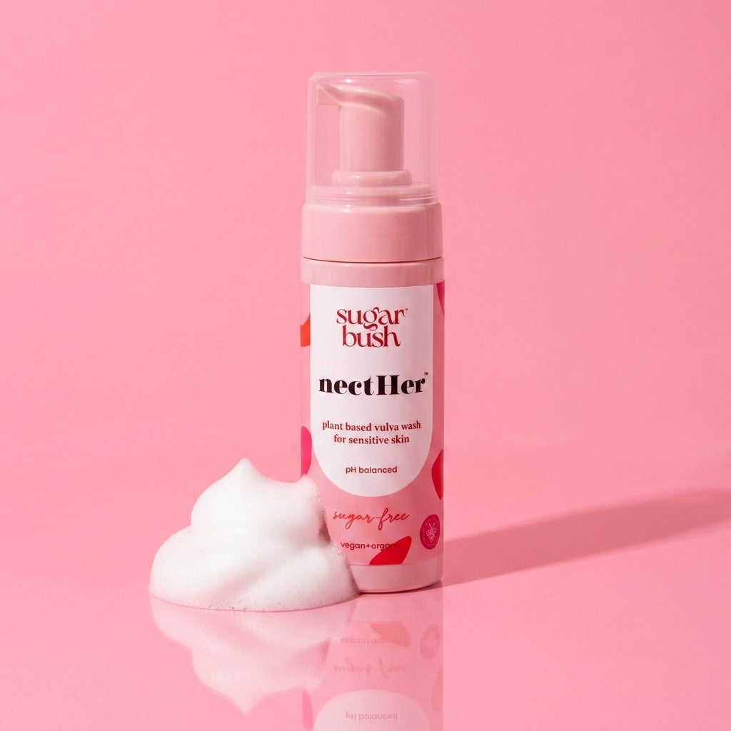 nectHer plant based vulva wash w. probiotics for sensitive skin — open, Sugarbush signature pink