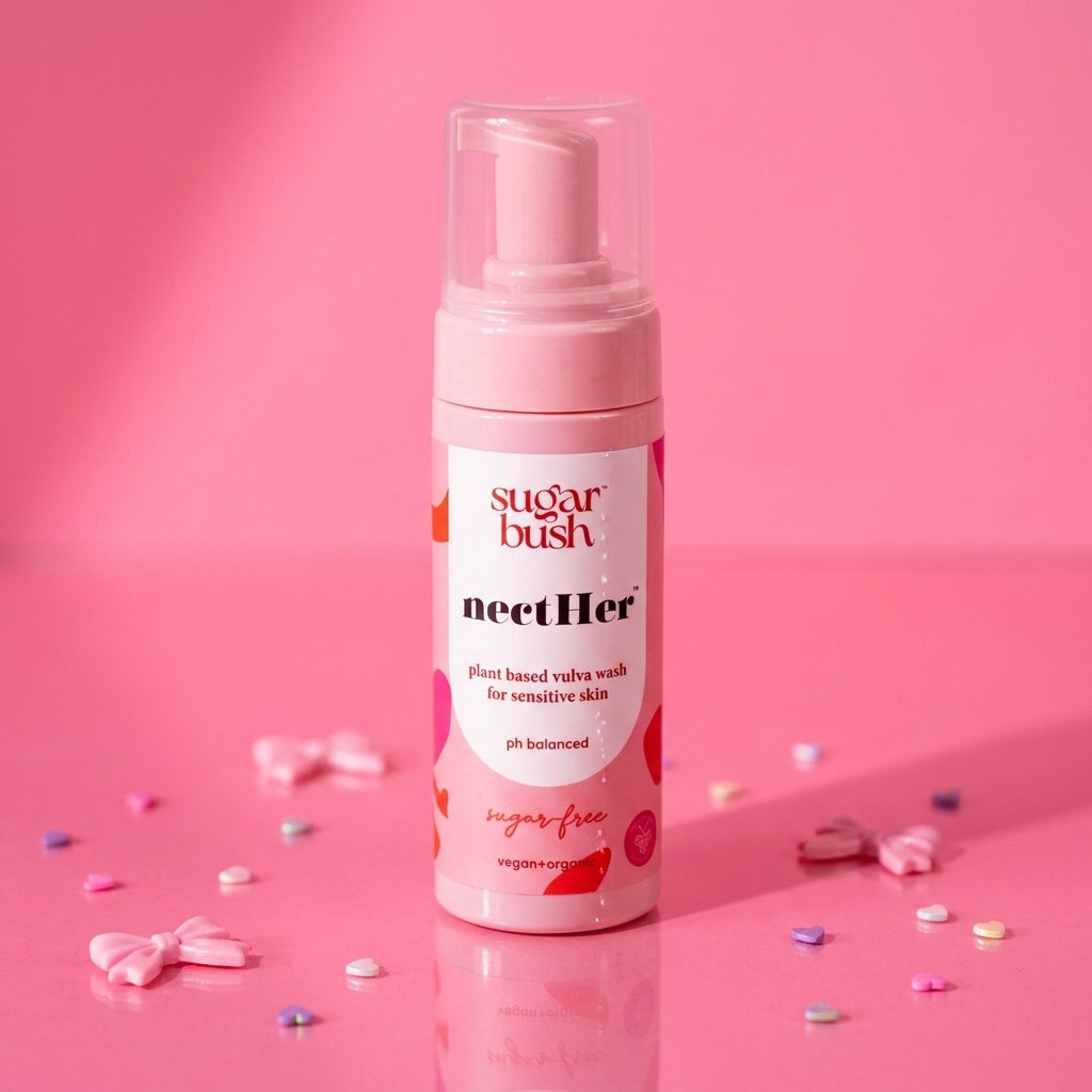 nectHer plant based vulva wash w. probiotics for sensitive skin — product still, Sugarbush signature pink