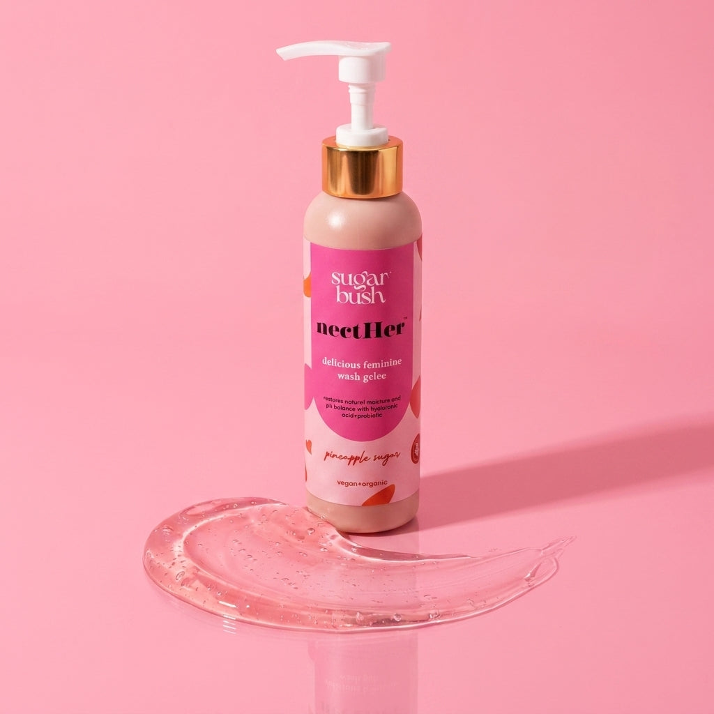 nectHer delicious hydrating feminine wash w. probiotics — open, Sugarbush signature pink