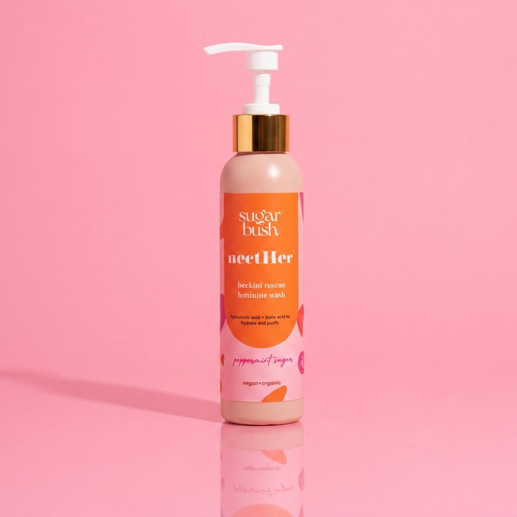 nectHer purifying daily feminine wash w. boric acid — product still, Sugarbush signature pink