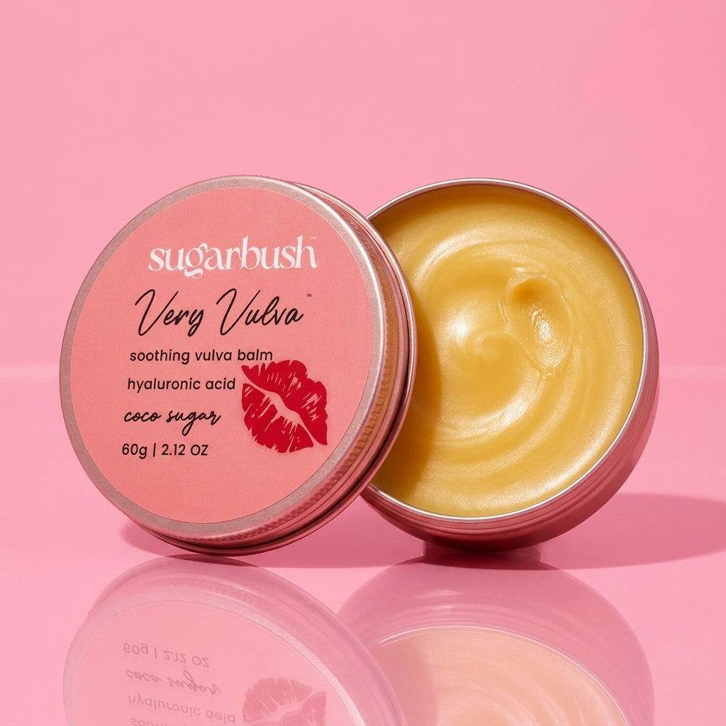 Very Vulva soothing vulva balm — open, Sugarbush signature pink