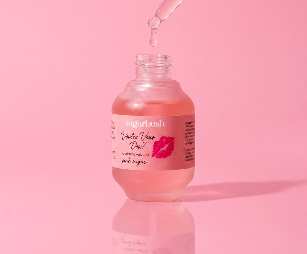 Voulez Vous Dew? nourishing vulva oil — open, dropper detail, Sugarbush signature pink