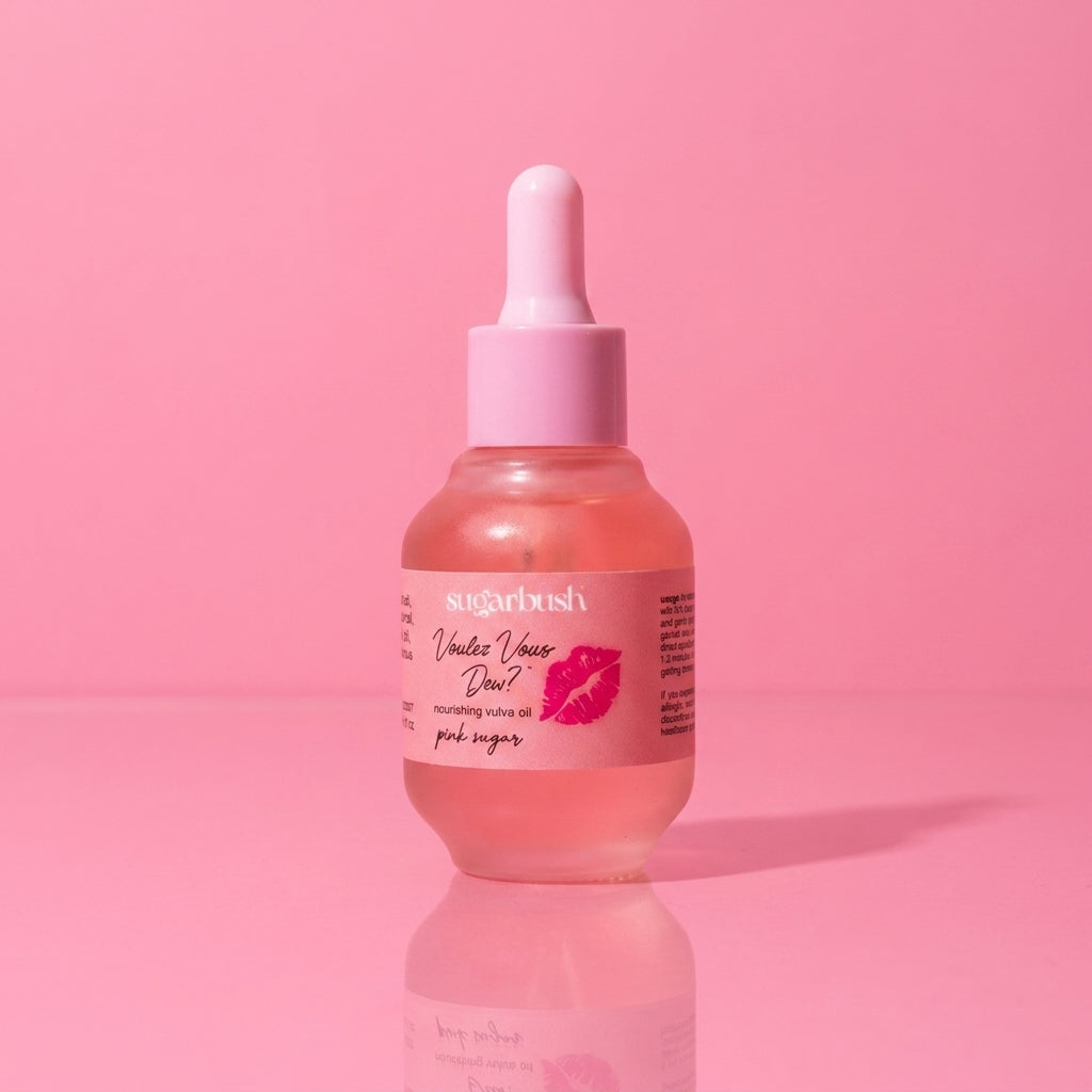 Voulez Vous Dew? nourishing vulva oil — product still, Sugarbush signature pink