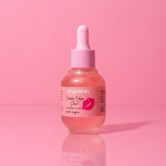 Voulez Vous Dew? nourishing vulva oil — product still, Sugarbush signature pink